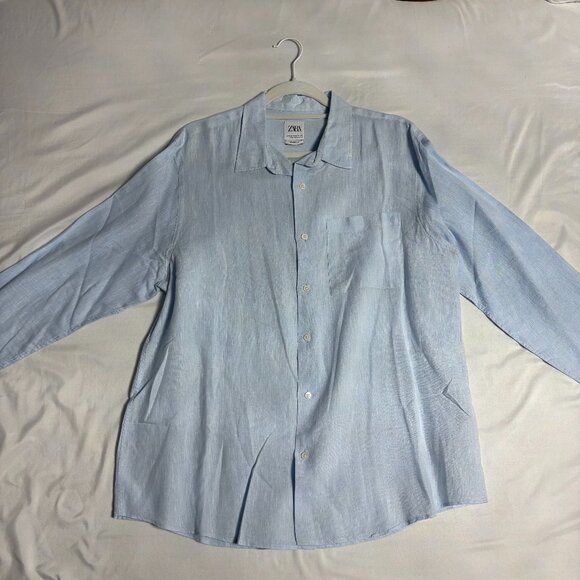 Light Blue Zara Linen Button-Down Shirt - Size XL, Lightly Worn, Dry Cleaned - Picture 1 of 1